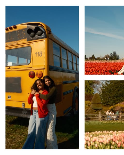 Two friends smiling beside a yellow school bus