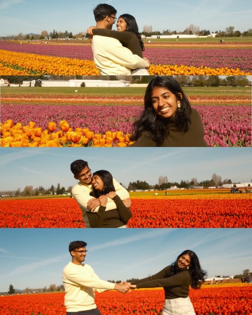 A film-strip collage of friends among colorful tulip fields
